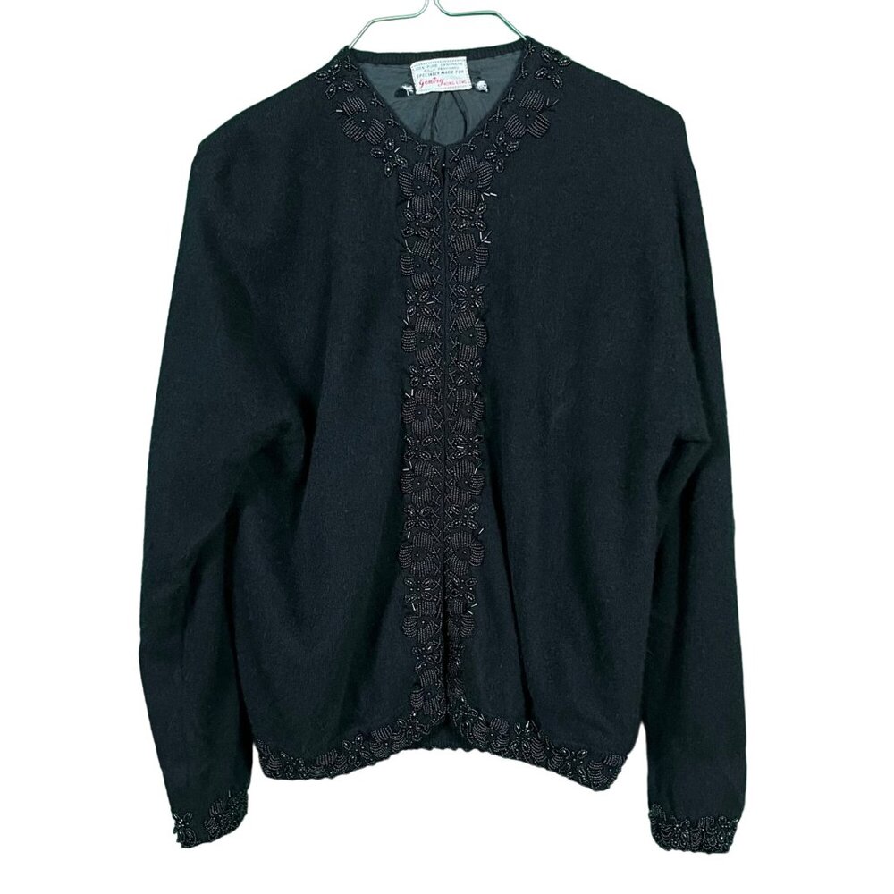 Vintage 100%‎ Cashmere Glass Bead Womens Cardigan Black 50's Sm/Med- READ
